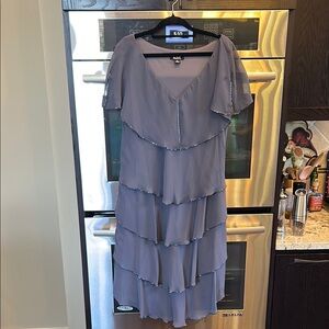 SLNY Purple Flutter Sleeve Midi Dress for Weddings